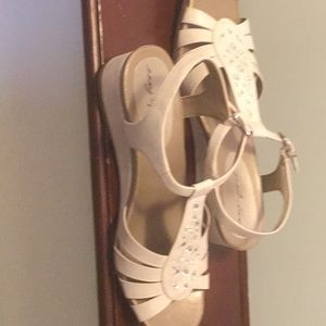 Cream color Ed sandals. Jeweled accents